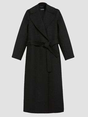 ’S Max Mara Poldo Black Virgin Wool Belted Wrap Coat IT40